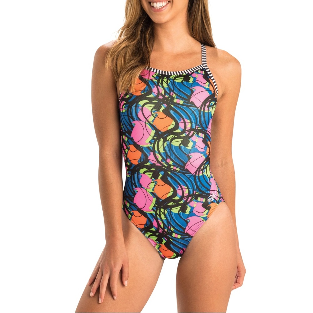 Dolphin Womens Small Swim Suit Size 28 UPF Competition Blue Pink Multicolor